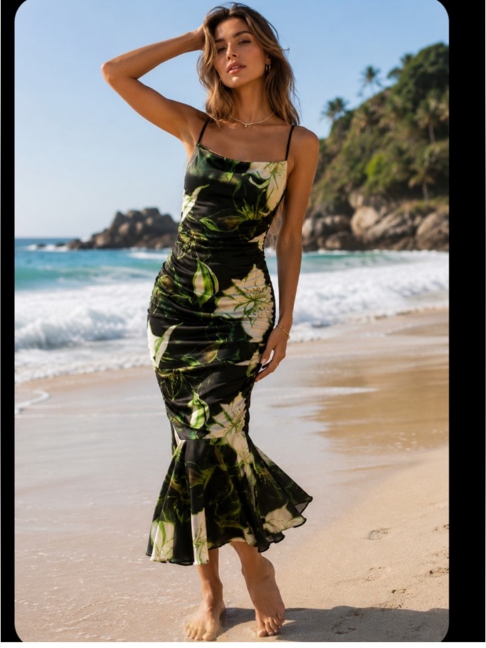 Siena Black & Green Floral Ruched Sleeveless Midi Dress Size 1X
